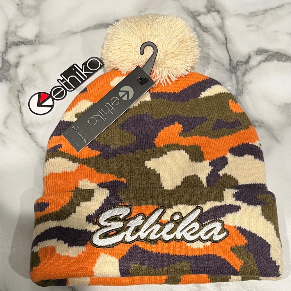Ethika Camo Pom Beanie - Orange, Cream, Olive & Purple
